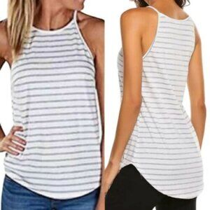 Sherosa White Stripe Cami Blouse Top Halter High Neck Sleeveless